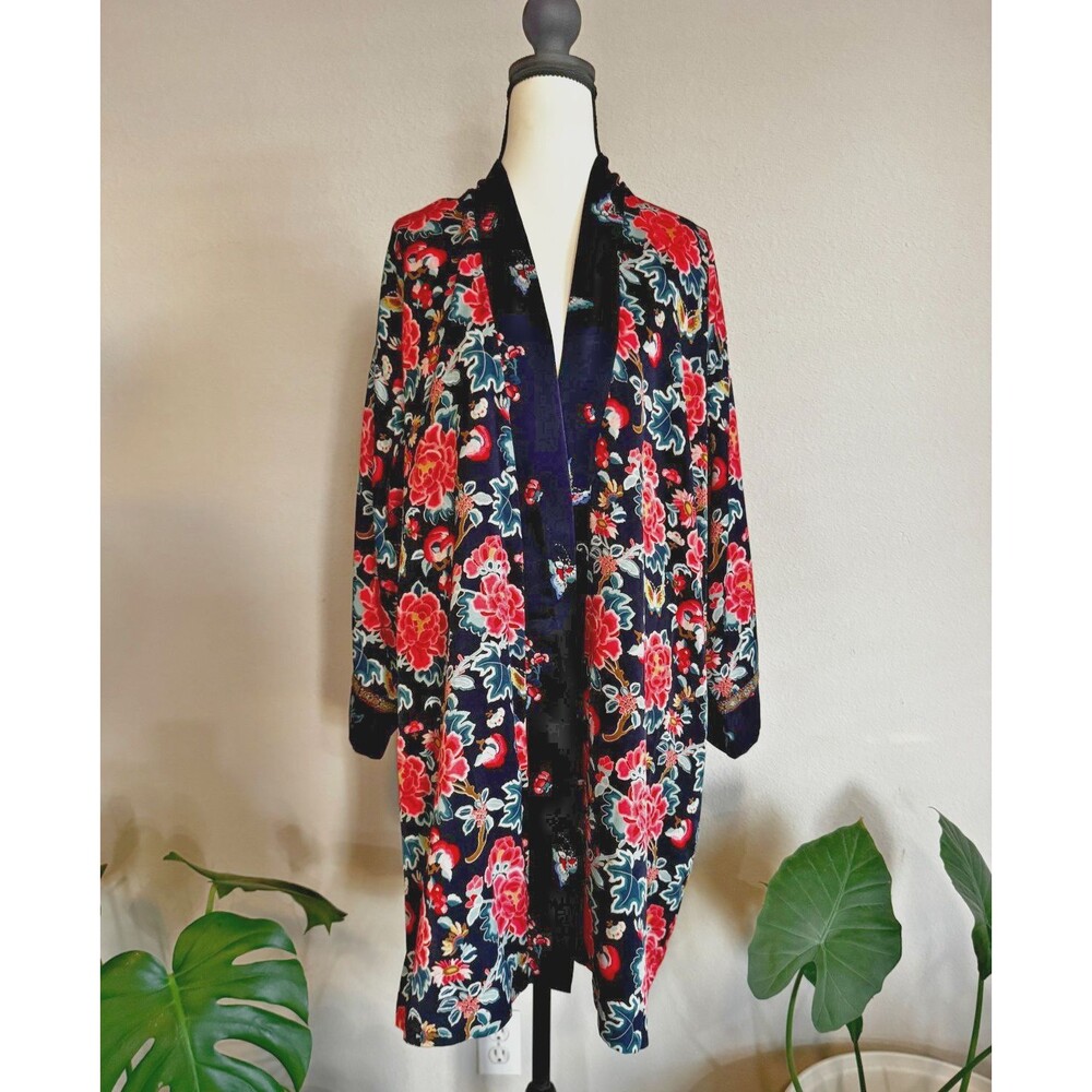Natori Floral Kimono Style Robe Navy Pink Luxury House Sleepwear S Pocket